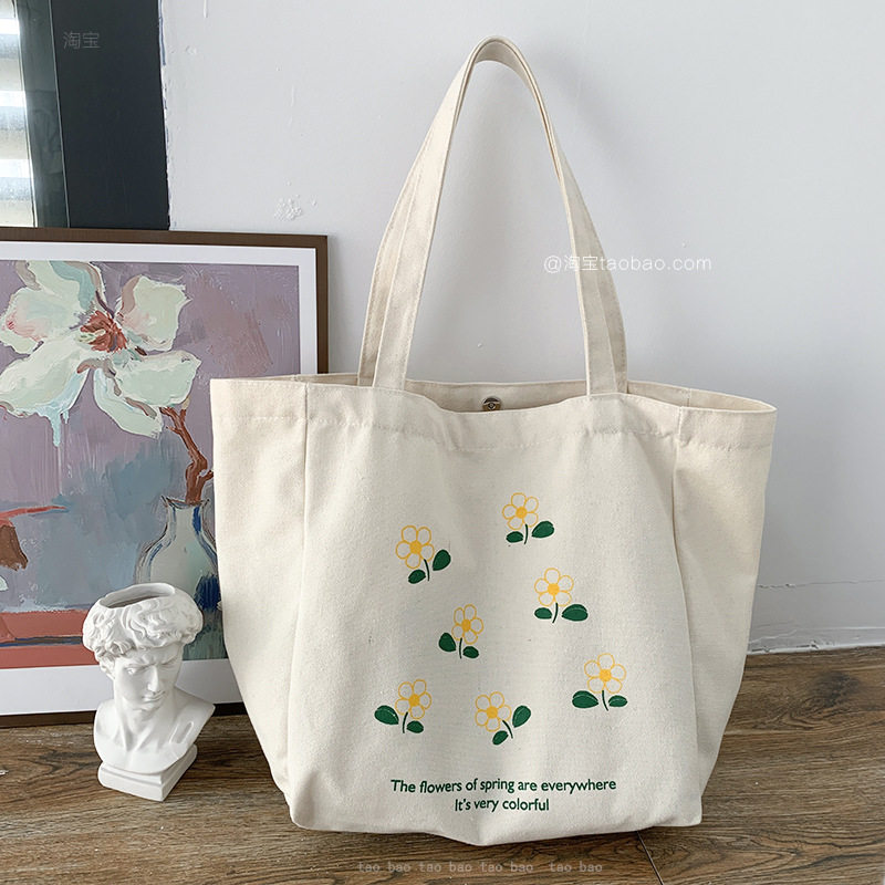 新款帆布包女单肩大容量学生上课手提帆布袋小清新文艺花朵购物袋