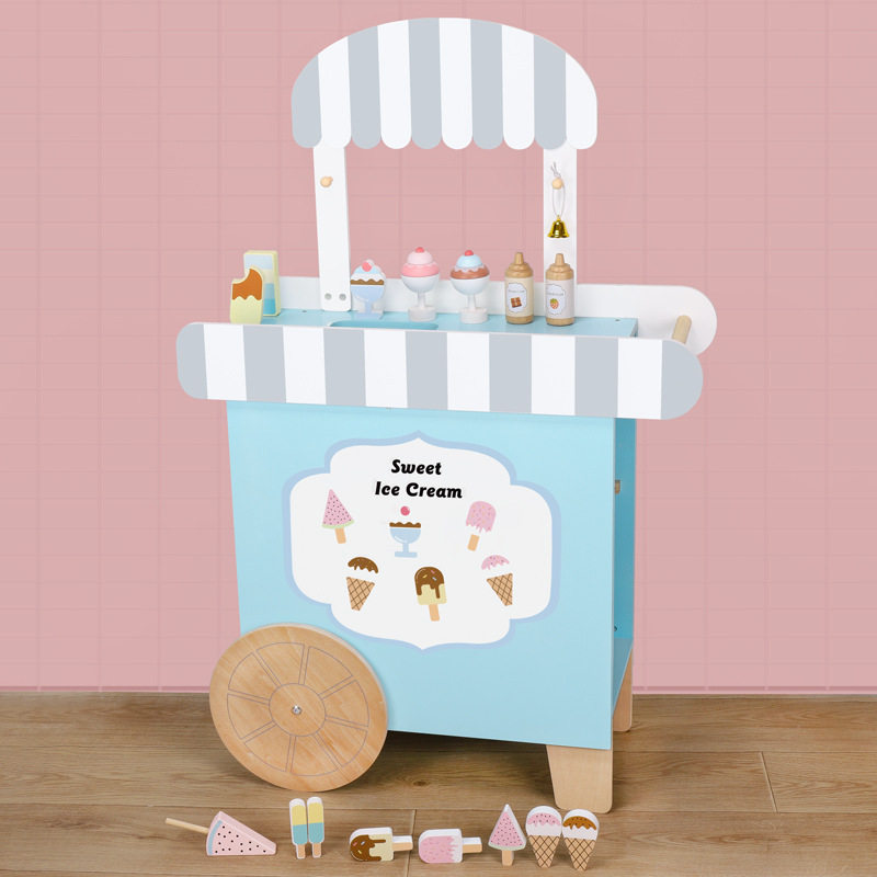 新款美式仿真木制大号冰淇淋售卖车儿童木质过家家推车玩具代发