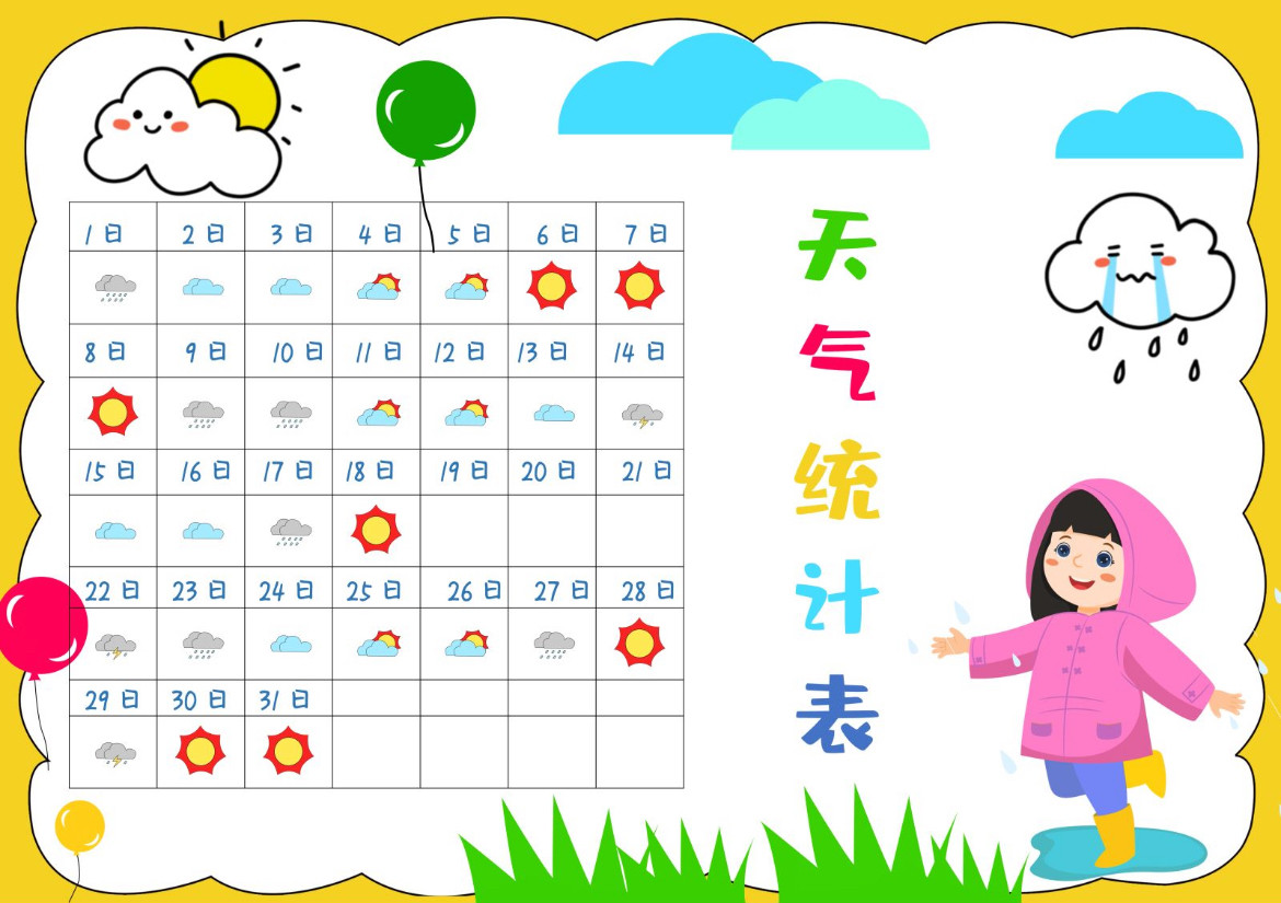暑假暑期假期天气统计表手抄报模板电子版观察天气预报气候变化