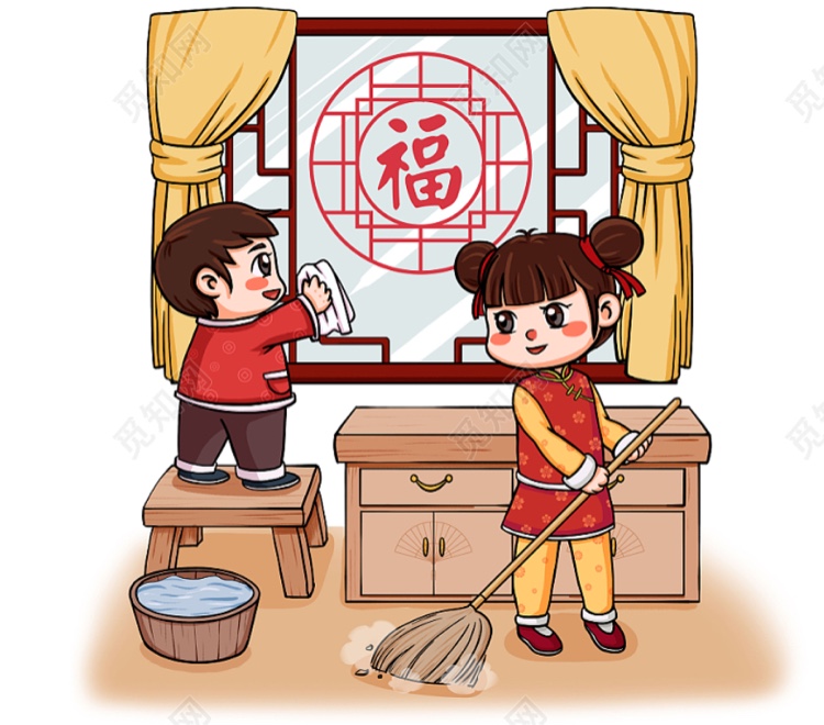 春节扫除儿童画模板扫尘新年劳动寒假家务黑白线描涂色电子创意画