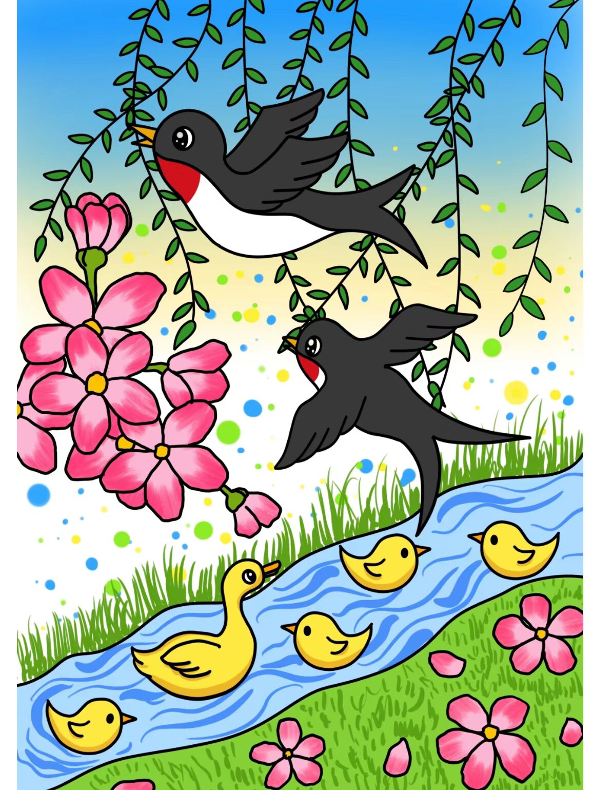 你好春天来大自然拥抱绘画手主题小报模板电子版小学生线稿儿童画