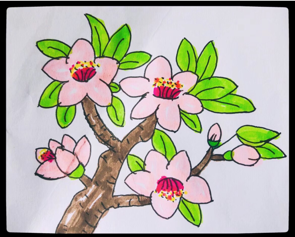 春天植物桃花主题画儿童画绘画宣传画模板电子版小学记录卡生长