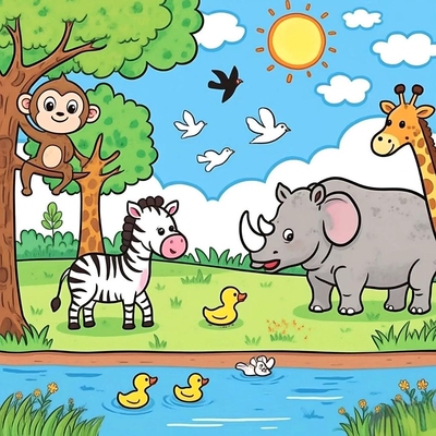 儿童主题画幼儿园涂色at the zoo宝宝填绘画动物园长颈鹿简笔画