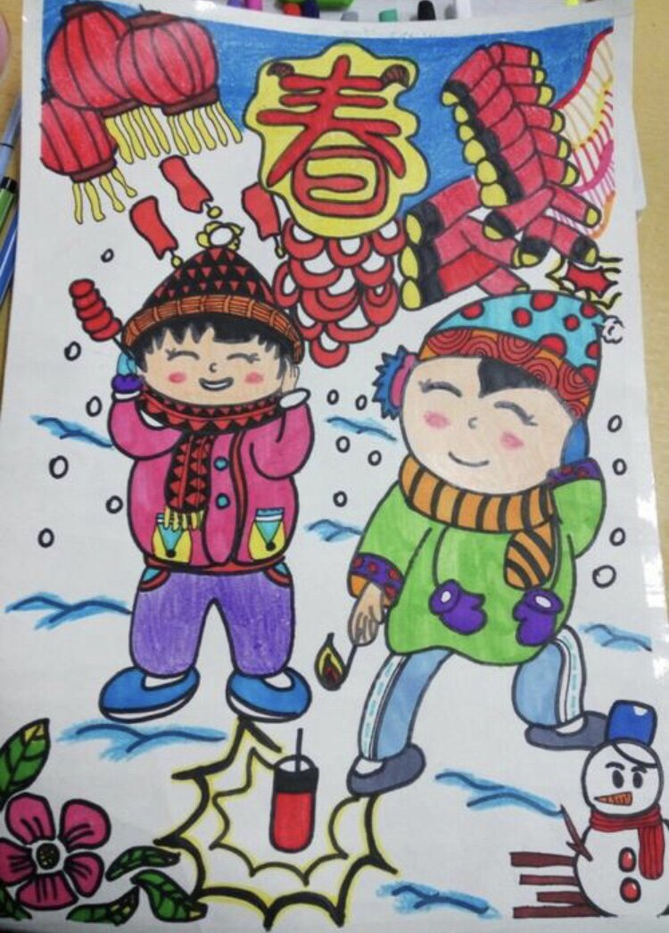 2022春节习俗儿童绘画模板虎年全家福二三年级电子版新年线稿涂色