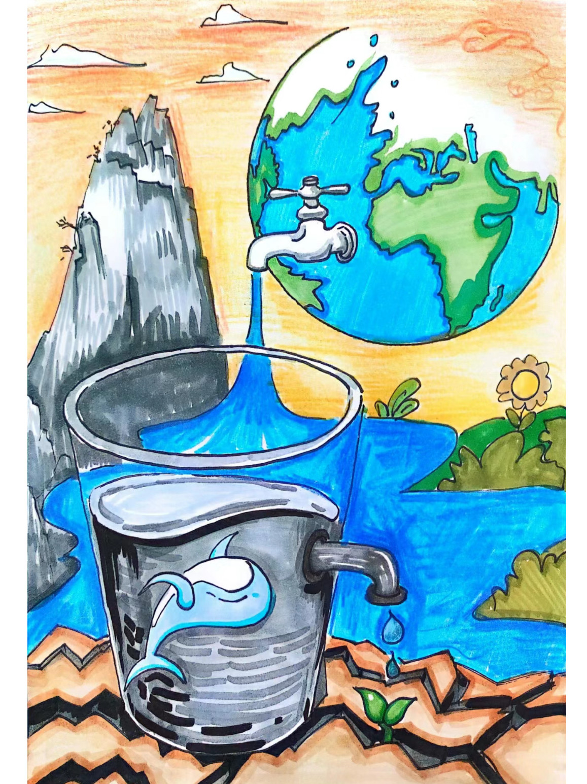 人人都是水滴守望者节约用水水资源爱护环境电子版主题绘画简笔画