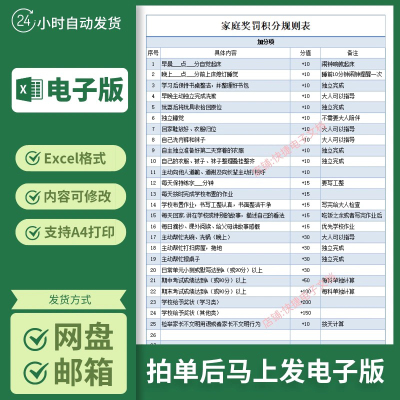 家庭积分奖罚规则表电子版excel兑换明细表格儿童小学生教师家长