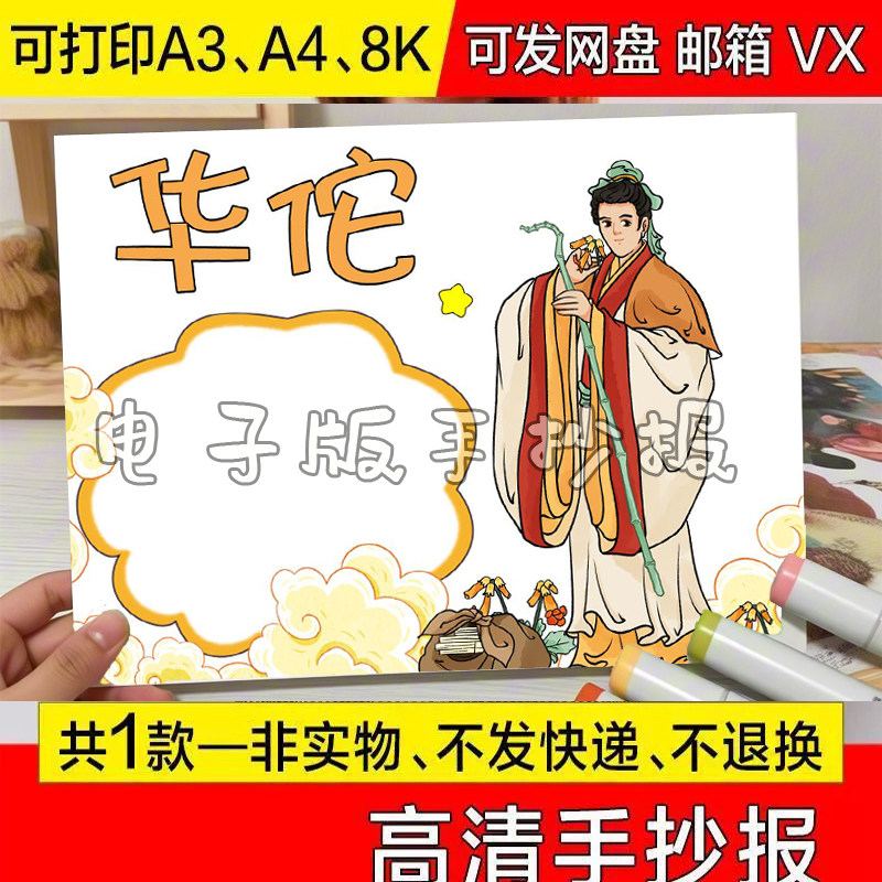 关于中医华佗介绍简介手抄报电子模板 小学生中国古代阅读线稿传