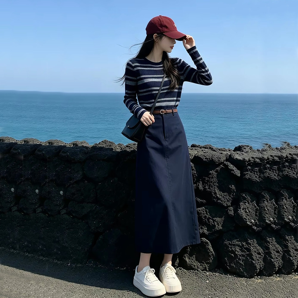 韩系条纹毛衣半身裙两件套显瘦