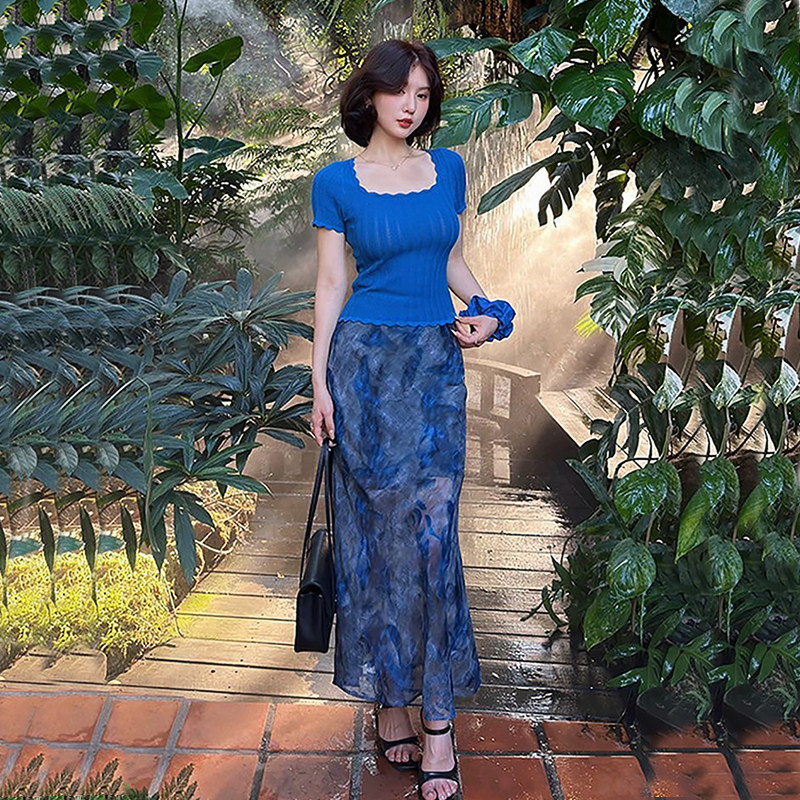 夏装网红印花半身裙时尚套装方领针织短袖上衣修身显瘦两件套裙女