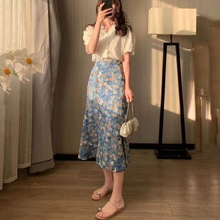 时尚套装复古蕾丝白色上衣夏季油画鱼尾显瘦碎花半身裙两件套裙女