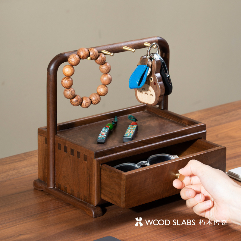 黑胡桃木玄关挂钥匙收纳盒门厅门口置物架抽屉式首饰盒手串盘盒类
