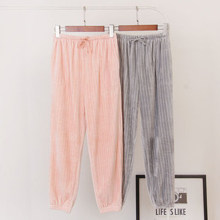 新款条纹加绒睡裤女秋冬海岛绒高腰休闲直筒宽松裤子可外穿束口