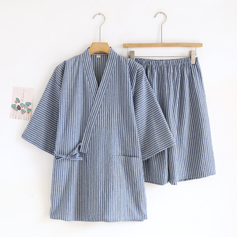 男纯棉水洗棉纱布斜襟和服睡衣