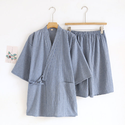 男纯棉水洗棉纱布斜襟和服睡衣