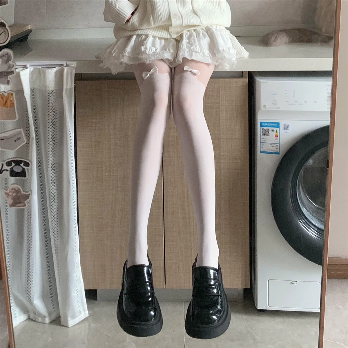 2025新款可爱猫咪蝴蝶结洛丽塔丝袜女夏季薄款白丝拼接连裤袜子jk