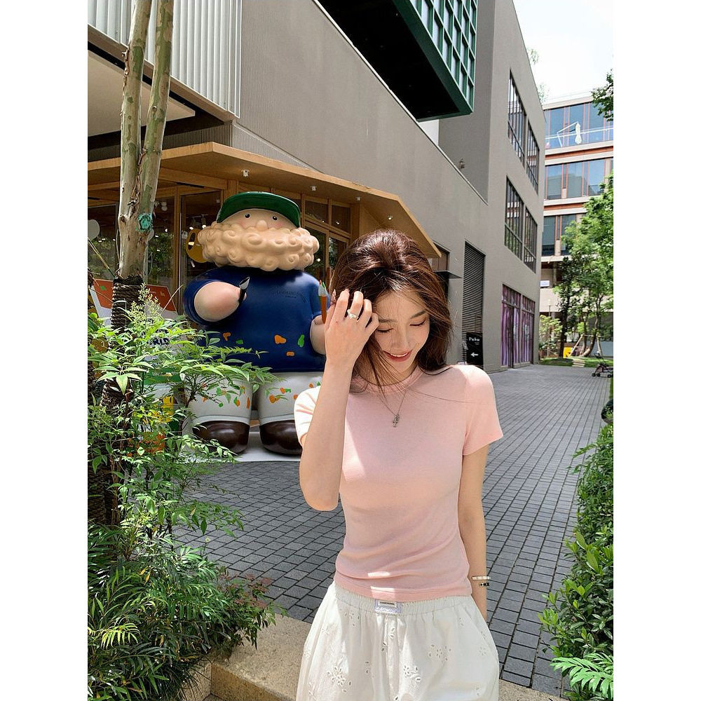 粉色氛围感正肩圆领修身短袖T恤女2026夏季新款辣妹显瘦打底上衣T