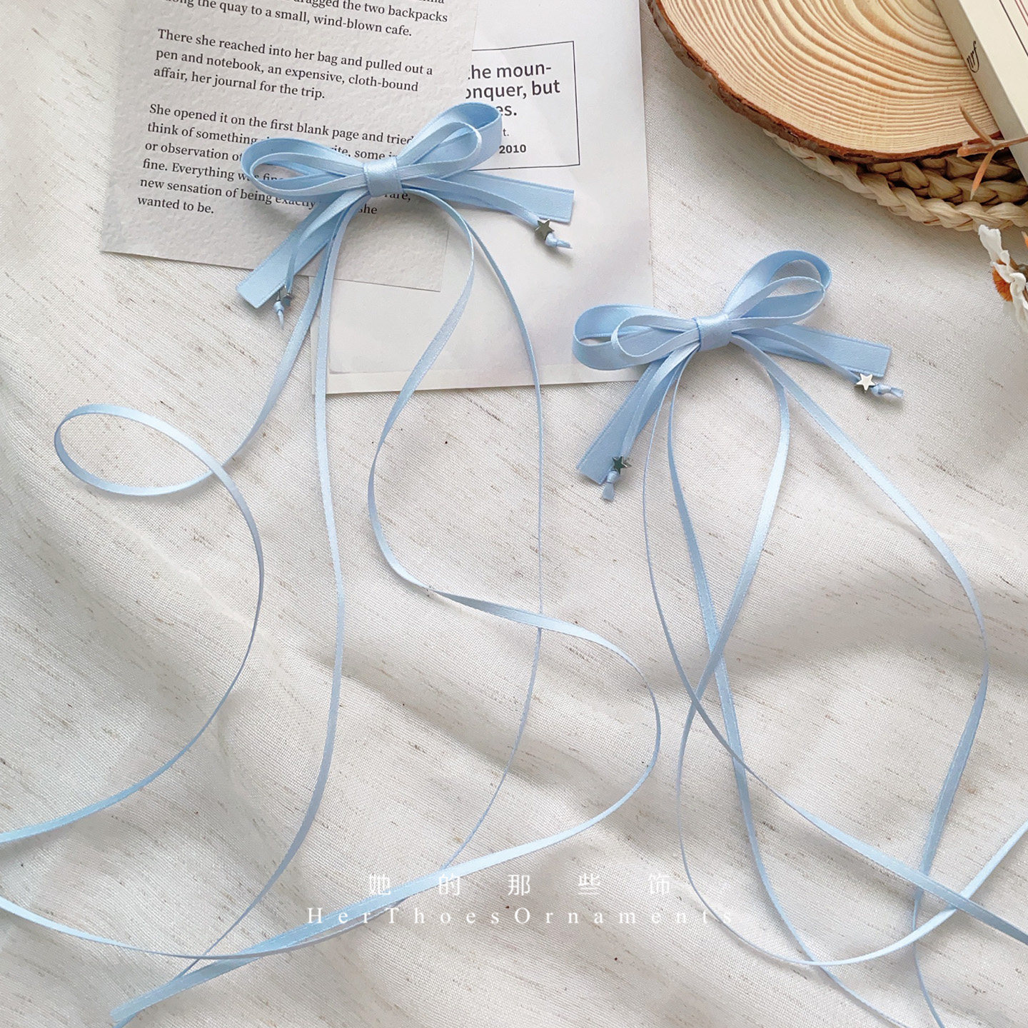 原创天蓝色飘带对夹可爱双马尾星星发夹甜美少女头饰个性侧边发卡