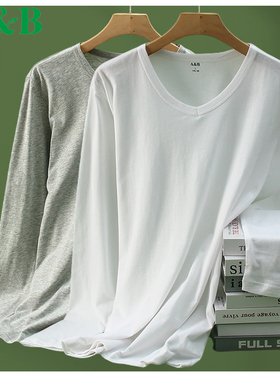 AB内衣100%纯棉秋衣男士超薄单件上衣全棉V领白色打底长袖棉毛衫