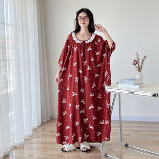 加肥200斤可外穿睡衣家居服 短袖 甜美花边凉感棉绸大码 睡裙女夏季