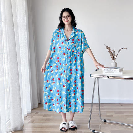 夏季加大码短袖开衫薄款绵绸睡裙女宽松胖MM200斤人造棉连衣裙子