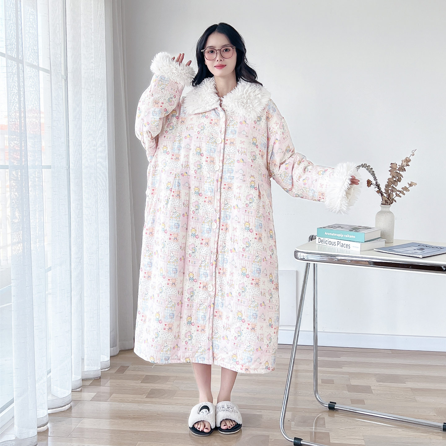 冬季加厚三层夹棉毛领大码睡裙