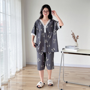 家居服套装 带胸垫蕾丝V领性感纯棉大码 七分裤 胖mm睡衣女夏季 薄款