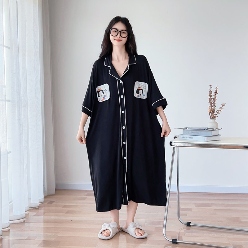 简约开衫莫代尔睡裙女大码胖mm200斤夏季短袖薄款孕妇睡衣家居服