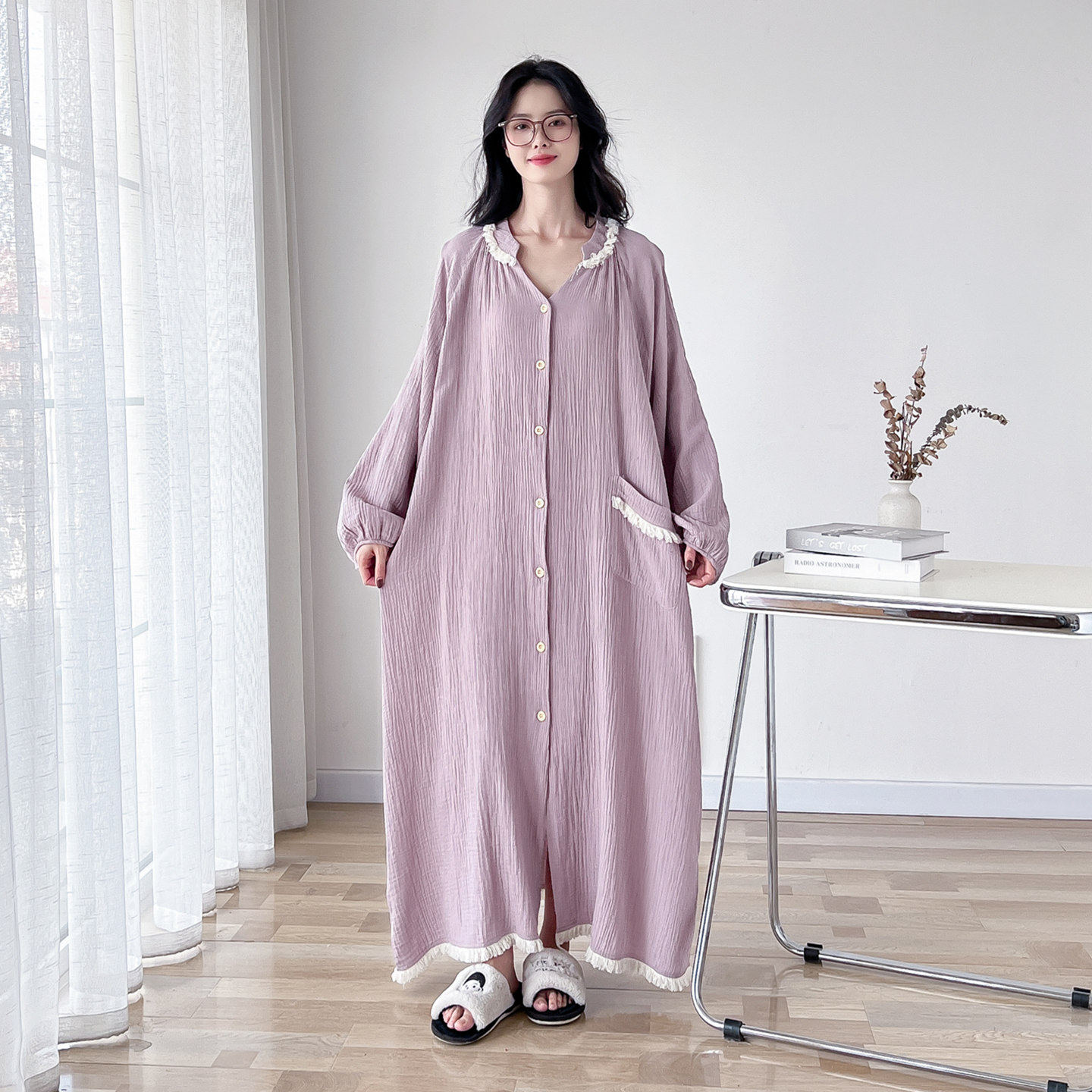 流苏花边加长款纯棉纱布大码睡裙女春秋开衫加肥200斤孕妇家居服