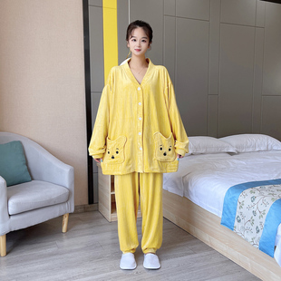 卡通熊开衫 双面绒大码 睡衣女200斤秋冬薄款 珊瑚绒胖mm家居服套装