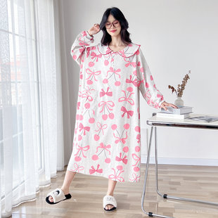 甜美翻领纯棉大码睡裙女春秋可爱长袖胖mm200斤宽松睡衣裙家居服