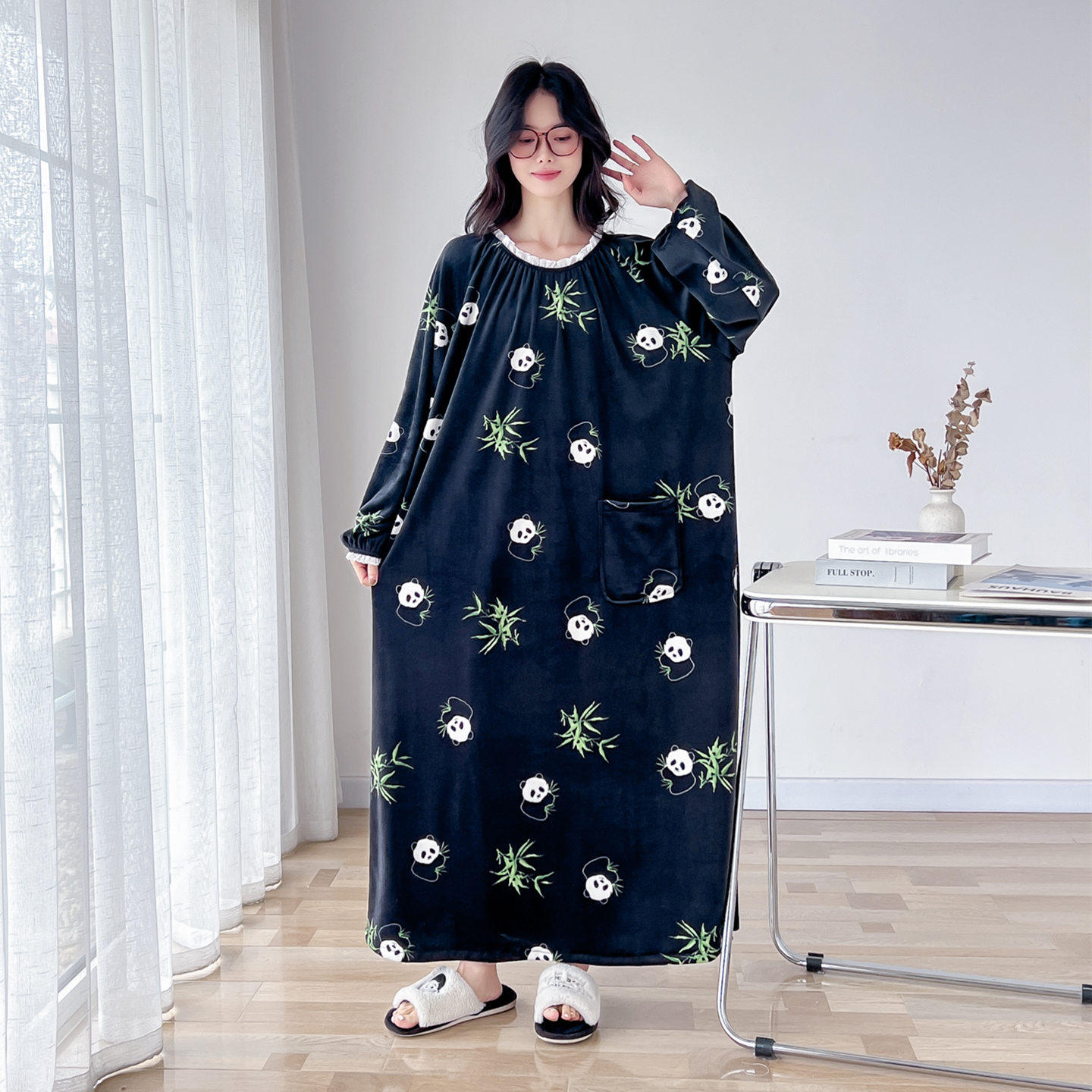 甜美花边海岛绒大码睡裙女秋冬