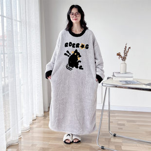 可爱猫咪大码睡裙女冬季加厚加绒珊瑚绒胖mm200斤孕妇睡衣家居服