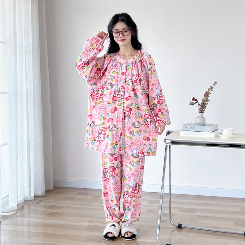 卡通印花纯棉加大码睡衣女胖mm200斤春秋长袖长裤甜美家居服套装
