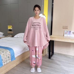 秋冬字母加肥大码睡衣女海岛绒长袖长裤双面绒胖mm休闲家居服套装