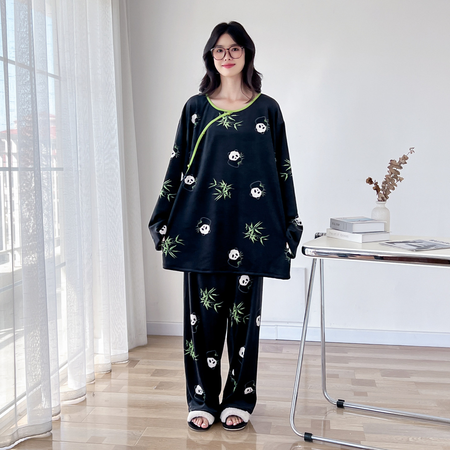 新中式大码睡衣女海岛绒秋冬季长袖加绒加厚天鹅绒胖mm家居服套装