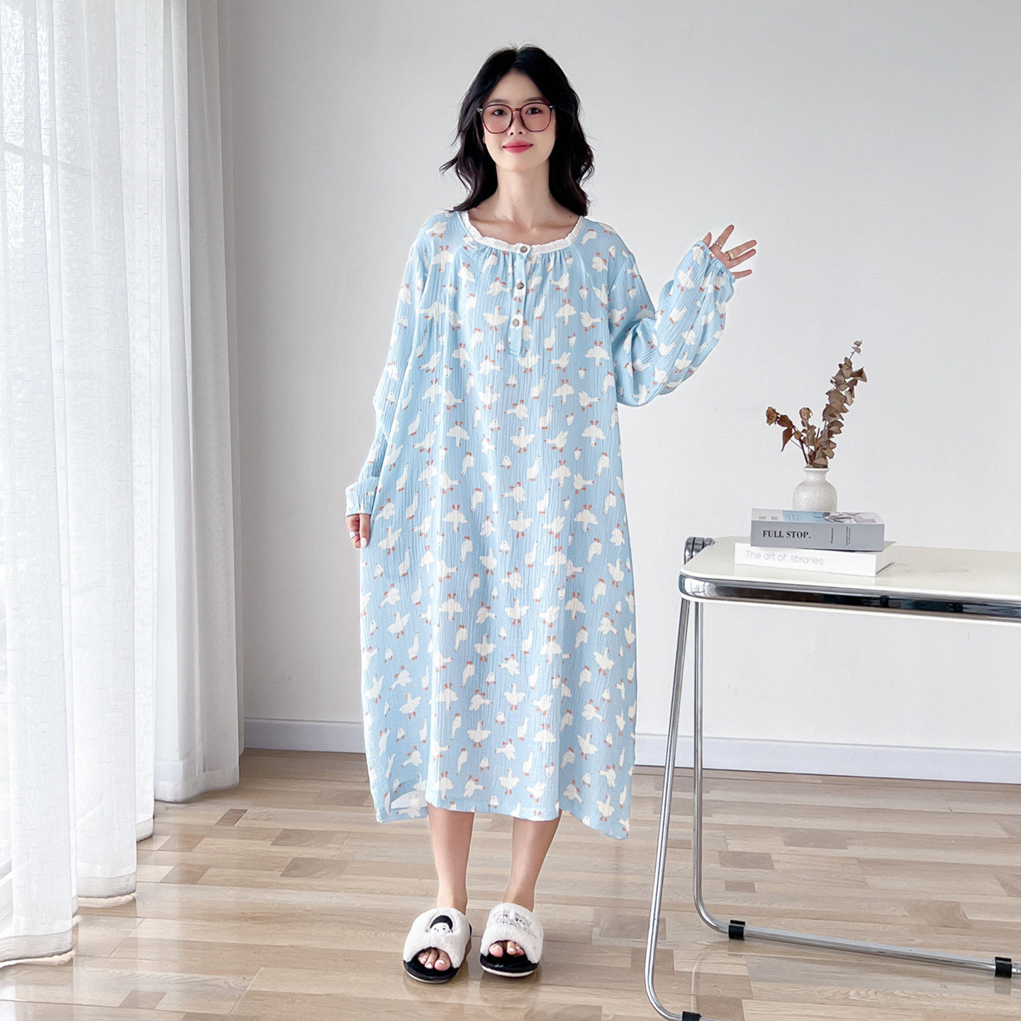 甜美方领纯棉纱布大码睡裙女春秋长袖胖mm200斤孕妇睡衣裙家居服