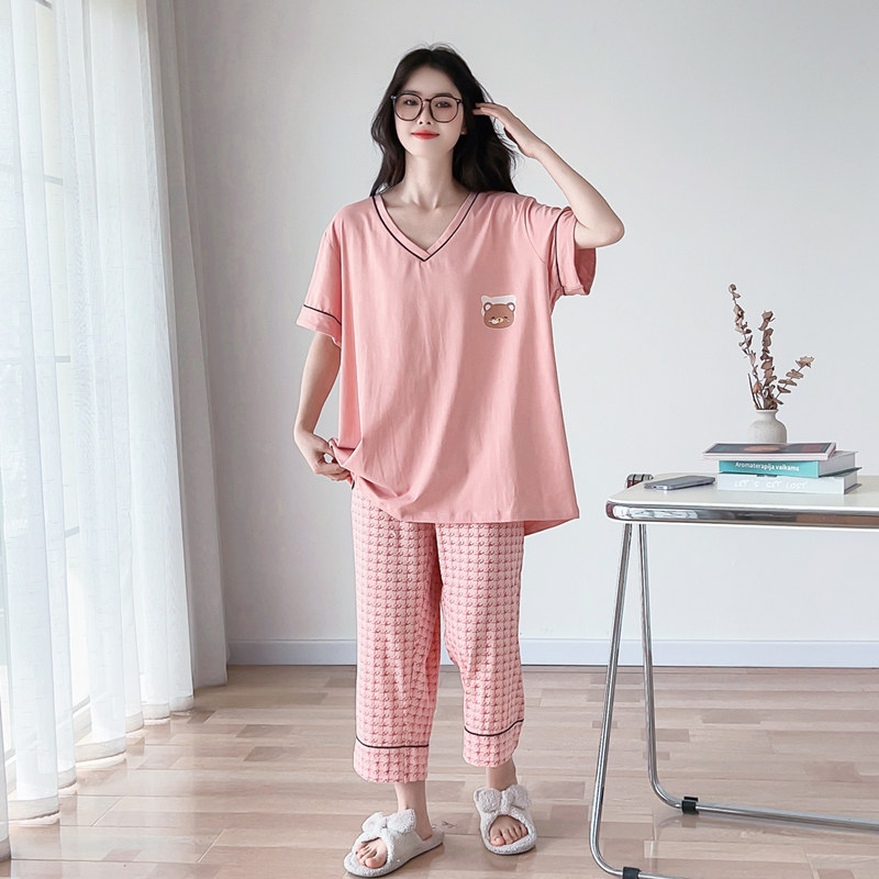 纯棉V领大码睡衣套装女夏季薄款