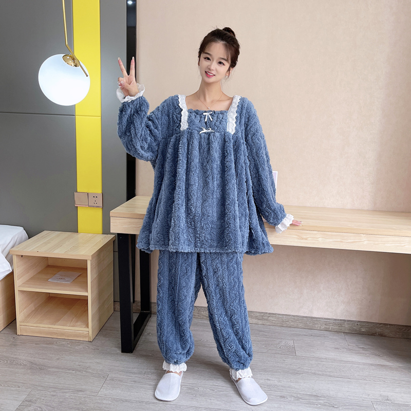 冬季提花珊瑚绒大码睡衣套装女