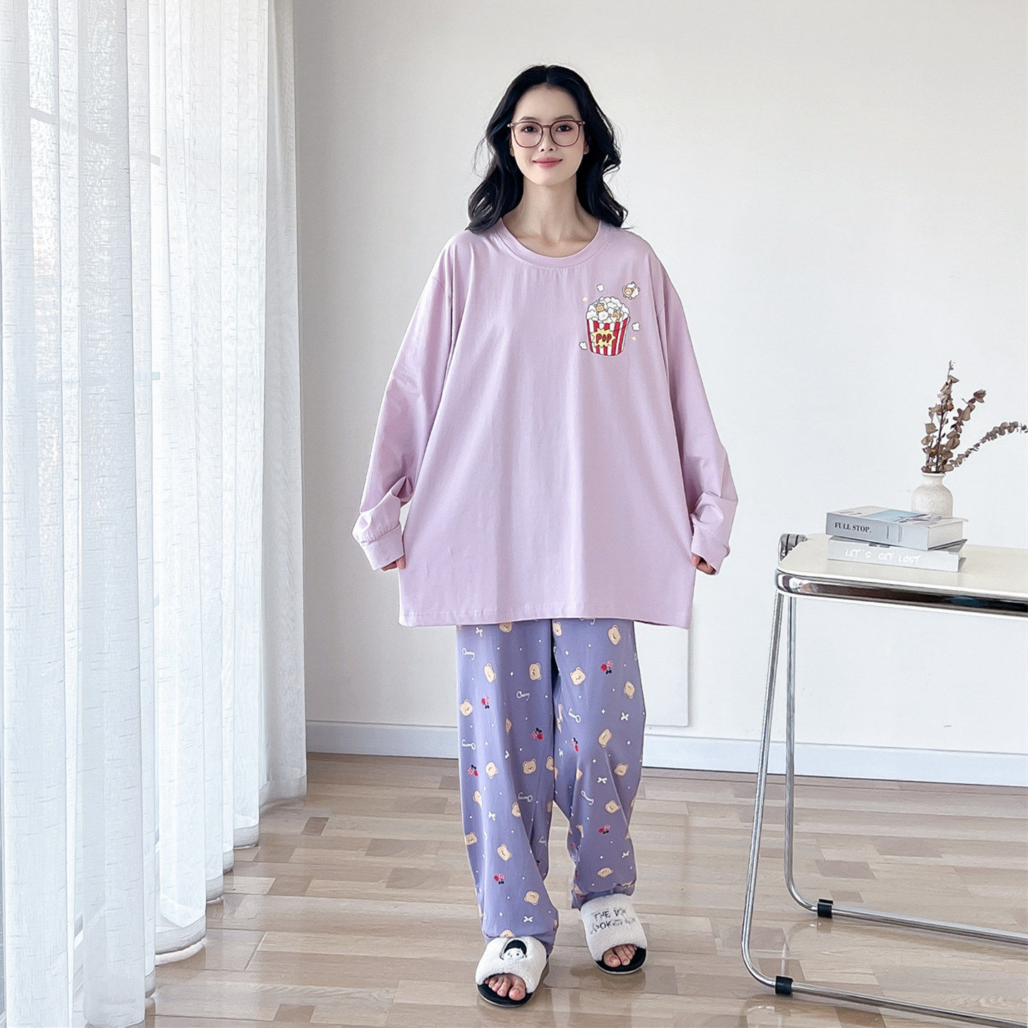 卡通圆领针织棉大码睡衣女春秋