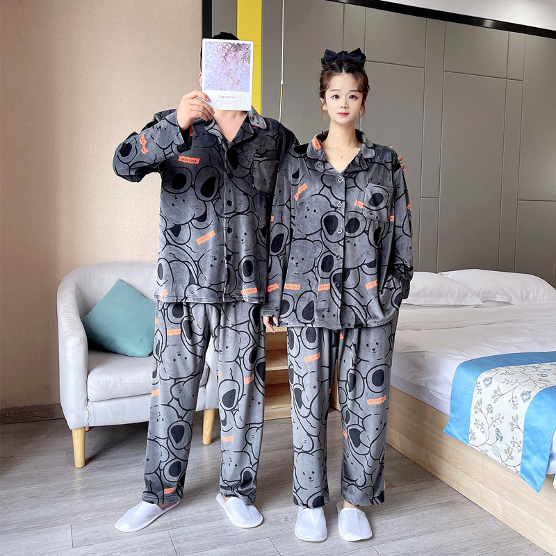 秋冬情侣海岛绒小熊大码睡衣套装