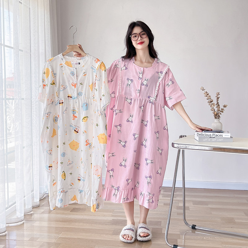 日系哺乳纯棉纱布大码睡裙月子服
