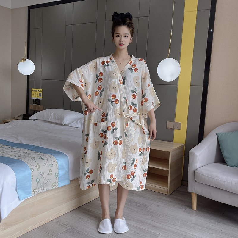 夏季女纯棉纱布日式系绳大码睡裙