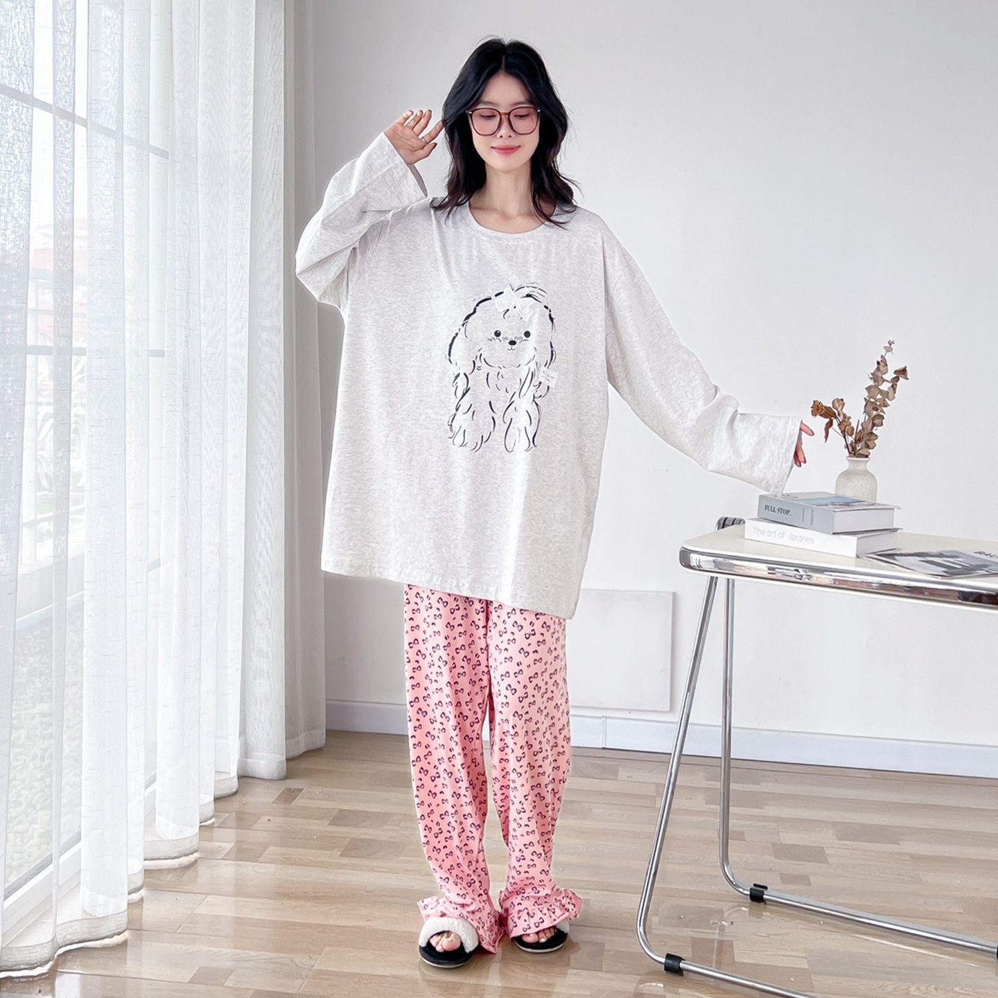 可爱狗狗针织棉大码睡衣女春秋长袖胖MM200斤宽松休闲家居服套装