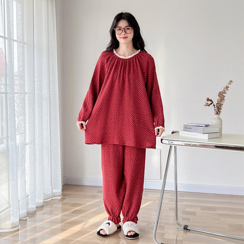 圆领花边纯棉纱布大码睡衣套装女