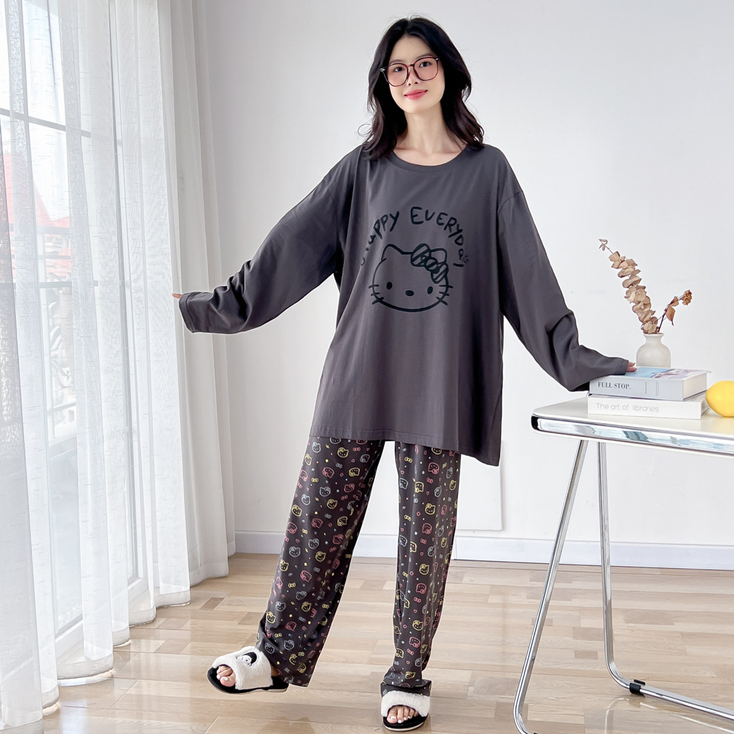 卡通猫咪针织棉长袖大码睡衣女