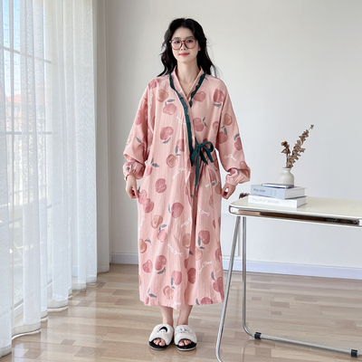 日系纯棉纱布大码睡袍女春秋长袖