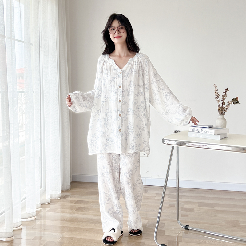 日系纯棉纱布V领长袖大码睡衣女