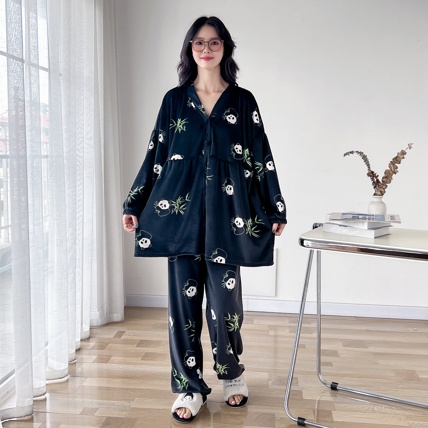 韩版V领开衫海岛绒大码睡衣女