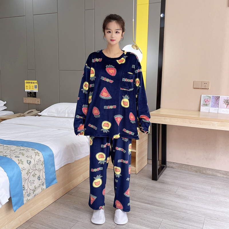 秋冬新款天鹅绒加大码睡衣女200斤长袖双面绒胖mm休闲家居服套装