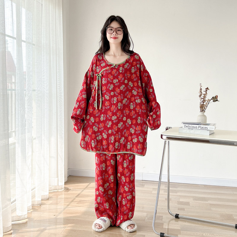 2024秋季新款中式国风纯棉纱布大码胖mm200斤长袖睡衣家居服套装